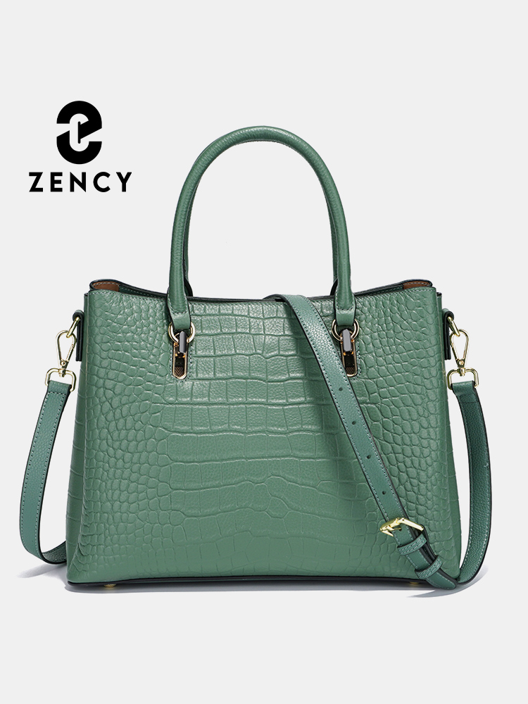 Leather Work Handbag - Zency レディース 本革 トップハンドルバッグ グリーン 大容量