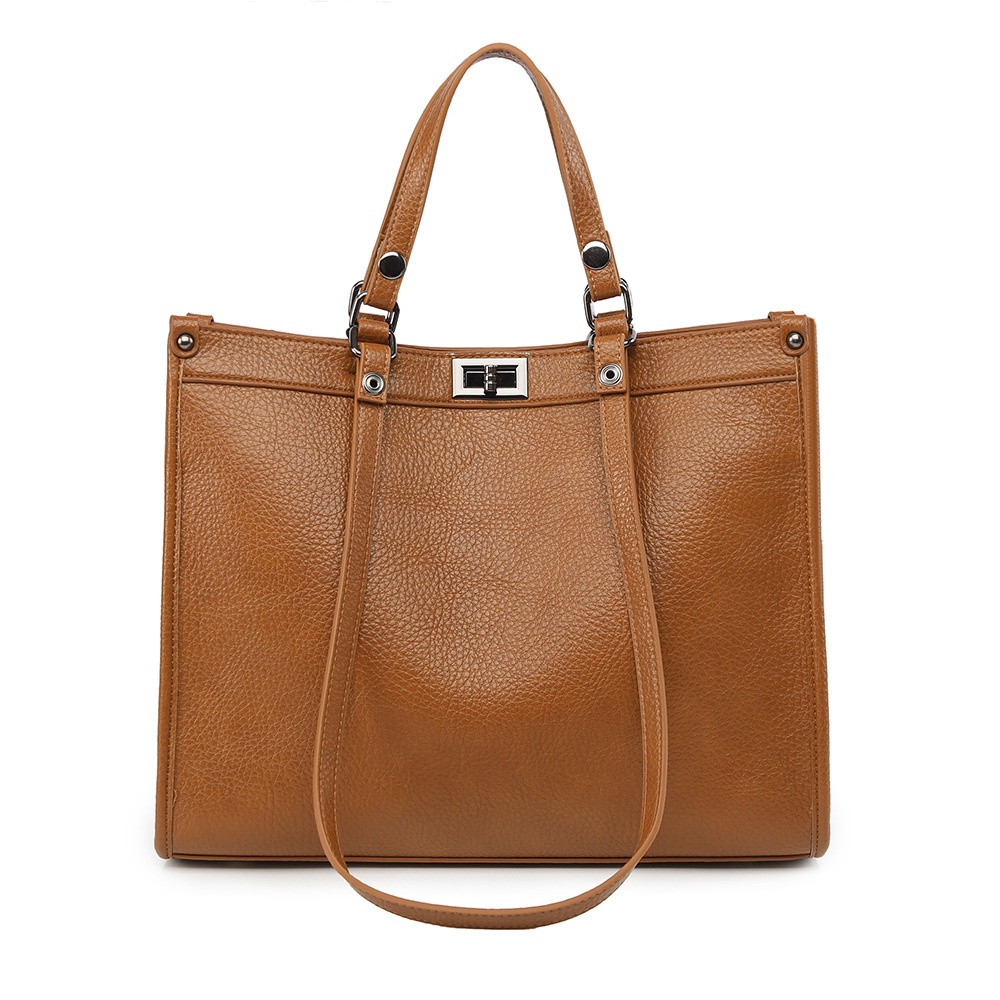 Leather Work Handbag - 女性用大容量トートバッグ PUレザー 回転ロック付きハンドバッグ レディース ヴィンテージ ショルダーバッグ