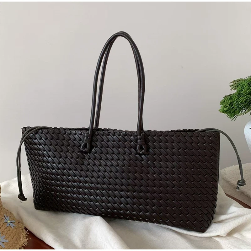 デザイナー高級PU織りトートバッグ、トップハンドル付き細長い - Leather Work Handbag のレビューと価格